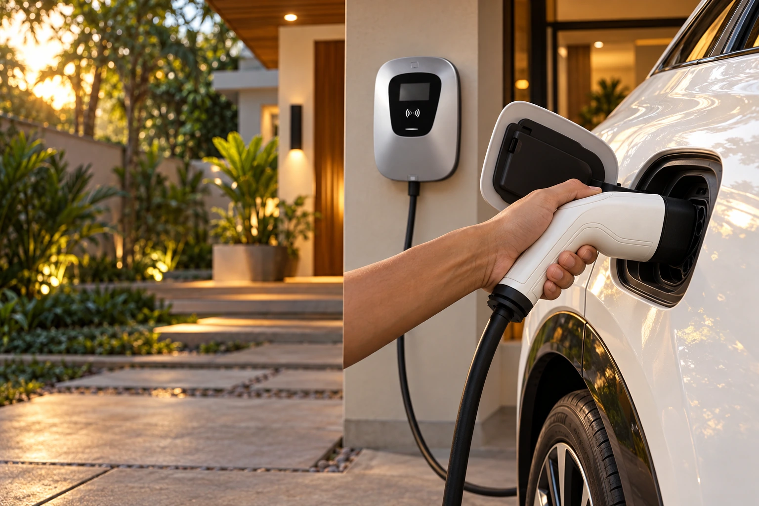 A hand using the supplied white charging connector to charge a car at home, with the silver AC charger mounted on the house wall