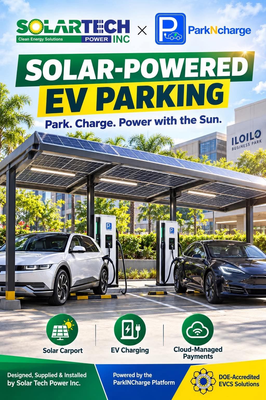 Solartech and ParkNcharge solar-powered EV parking campaign with solar carport, EV charging and cloud-managed payments