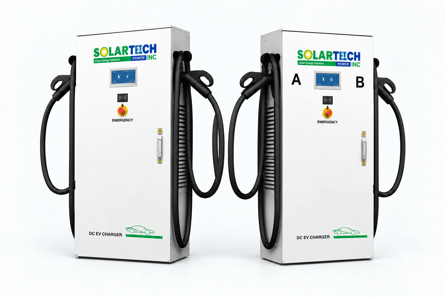 Studio-retouched pair of Solartech SSJ4 DC fast chargers based on the product brochure